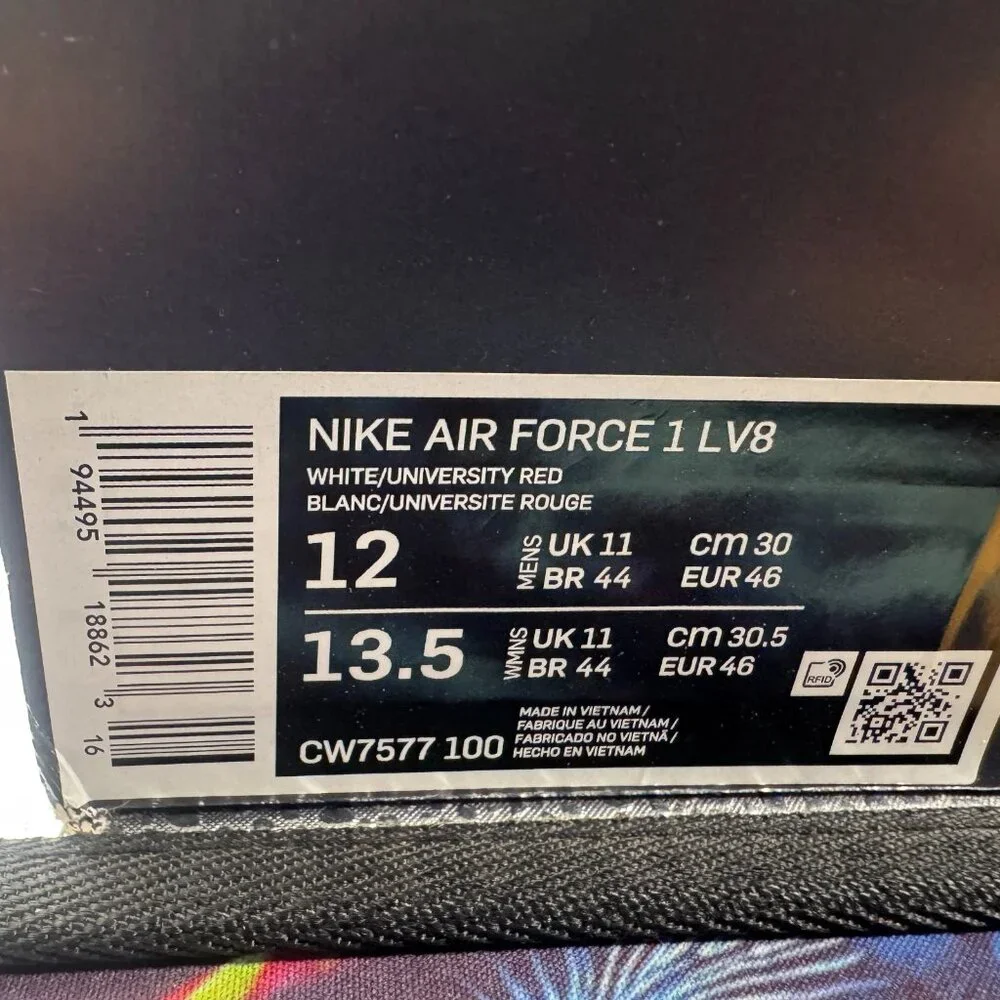 Size 12 Nike Air Force 1 LV8 Euro Tour White Red Mens Lace-Up Sneaker CW7577-100